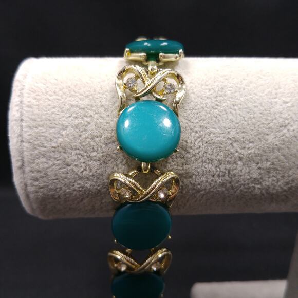 Coro Green Moonglow Lucite Disk Bracelet, Clear Rhinestones, 1950s Vintage - Picture 6 of 10